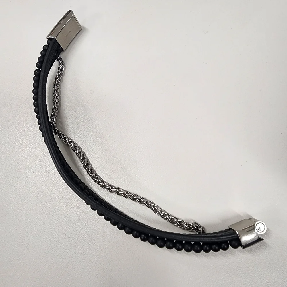 Multi-Strand Stainless Steel & Black Braided Beaded Faux Leather Bracelet Unisex